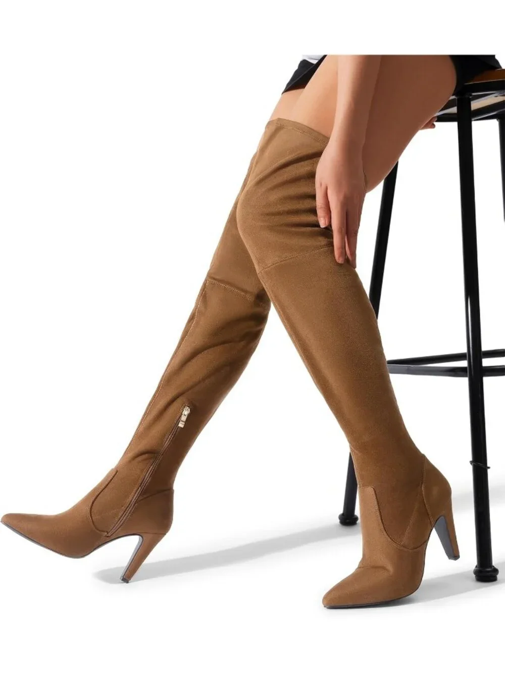 Women's Brown Suede Pointed Toe High Heels Faux Leather Over The Knee High Boots